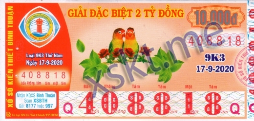 Mẫu vé sô xổ số Bình Thuận ngày 17/9/2020