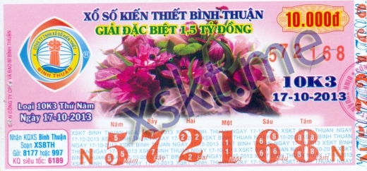 Mẫu vé sô xổ số Bình Thuận ngày 17/10/2013