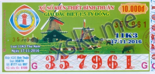 Mẫu vé sô xổ số Bình Thuận ngày 17/11/2016