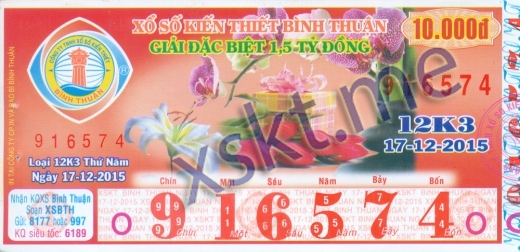 Mẫu vé sô xổ số Bình Thuận ngày 17/12/2015