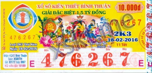 Mẫu vé sô xổ số Bình Thuận ngày 18/2/2016