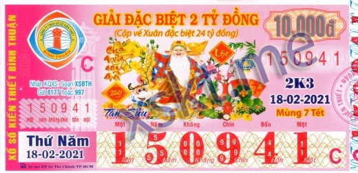 Mẫu vé sô xổ số Bình Thuận ngày 18/2/2021