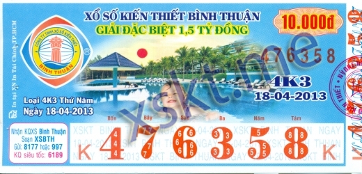 Mẫu vé sô xổ số Bình Thuận ngày 18/4/2013