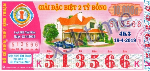 Mẫu vé sô xổ số Bình Thuận ngày 18/4/2019