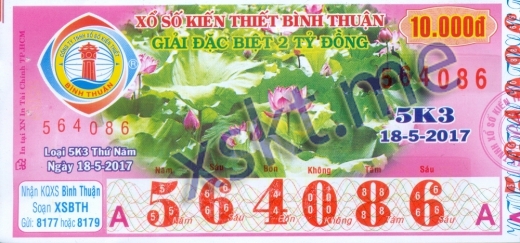 Mẫu vé sô xổ số Bình Thuận ngày 18/5/2017