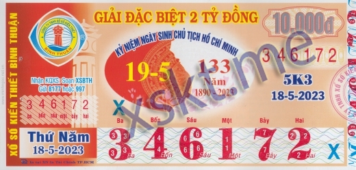 Mẫu vé sô xổ số Bình Thuận ngày 18/5/2023