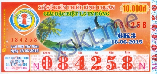 Mẫu vé sô xổ số Bình Thuận ngày 18/6/2015