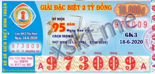 Mẫu vé sô xổ số Bình Thuận ngày 18/6/2020