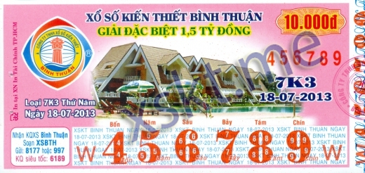 Mẫu vé sô xổ số Bình Thuận ngày 18/7/2013