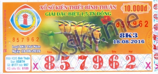 Mẫu vé sô xổ số Bình Thuận ngày 18/8/2016