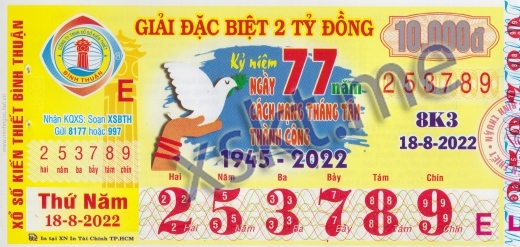 Mẫu vé sô xổ số Bình Thuận ngày 18/8/2022