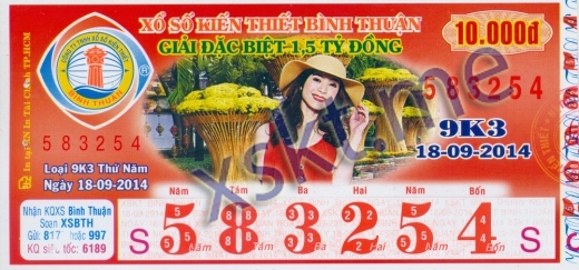 Mẫu vé sô xổ số Bình Thuận ngày 18/9/2014