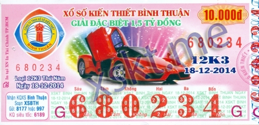 Mẫu vé sô xổ số Bình Thuận ngày 18/12/2014