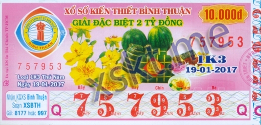 Mẫu vé sô xổ số Bình Thuận ngày 19/1/2017