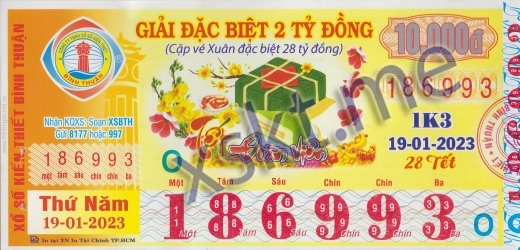 Mẫu vé sô xổ số Bình Thuận ngày 19/1/2023