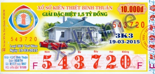 Mẫu vé sô xổ số Bình Thuận ngày 19/3/2015