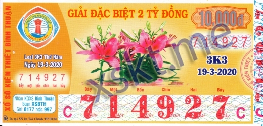 Mẫu vé sô xổ số Bình Thuận ngày 19/3/2020