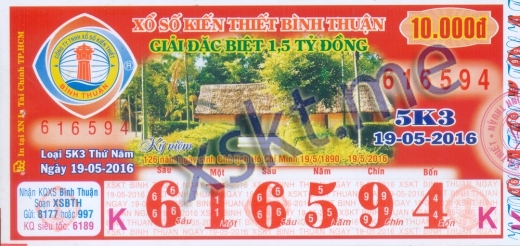 Mẫu vé sô xổ số Bình Thuận ngày 19/5/2016