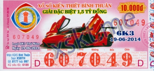 Mẫu vé sô xổ số Bình Thuận ngày 19/6/2014