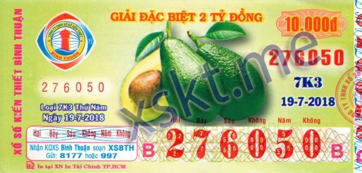 Mẫu vé sô xổ số Bình Thuận ngày 19/7/2018