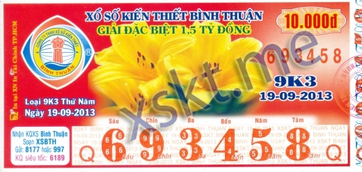 Mẫu vé sô xổ số Bình Thuận ngày 19/9/2013