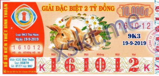 Mẫu vé sô xổ số Bình Thuận ngày 19/9/2019