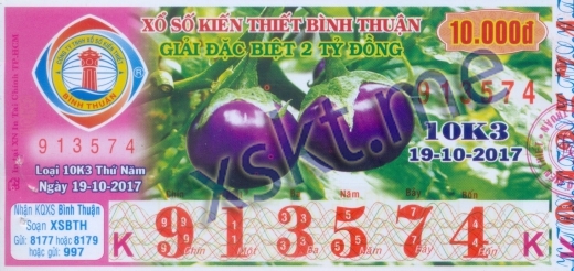 Mẫu vé sô xổ số Bình Thuận ngày 19/10/2017