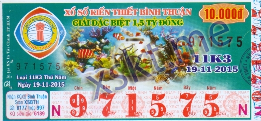 Mẫu vé sô xổ số Bình Thuận ngày 19/11/2015