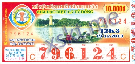 Mẫu vé sô xổ số Bình Thuận ngày 19/12/2013