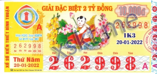 Mẫu vé sô xổ số Bình Thuận ngày 20/1/2022