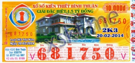 Mẫu vé sô xổ số Bình Thuận ngày 20/2/2014