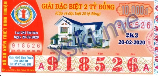 Mẫu vé sô xổ số Bình Thuận ngày 20/2/2020