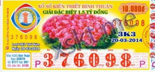 Mẫu vé sô xổ số Bình Thuận ngày 20/3/2014