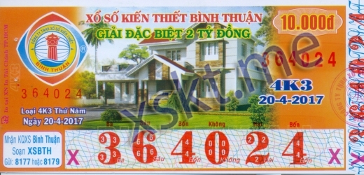 Mẫu vé sô xổ số Bình Thuận ngày 20/4/2017