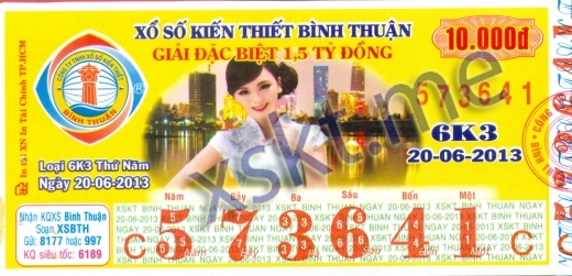 Mẫu vé sô xổ số Bình Thuận ngày 20/6/2013