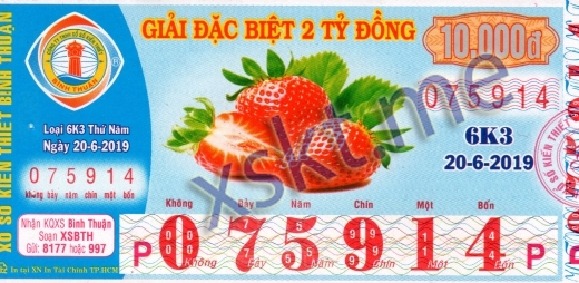 Mẫu vé sô xổ số Bình Thuận ngày 20/6/2019