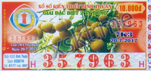 Mẫu vé sô xổ số Bình Thuận ngày 20/7/2017