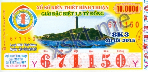 Mẫu vé sô xổ số Bình Thuận ngày 20/8/2015