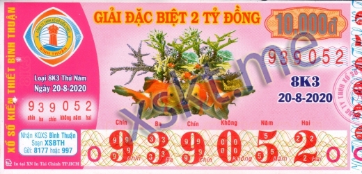 Mẫu vé sô xổ số Bình Thuận ngày 20/8/2020