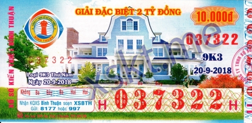 Mẫu vé sô xổ số Bình Thuận ngày 20/9/2018