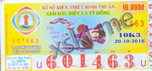 Mẫu vé sô xổ số Bình Thuận ngày 20/10/2016