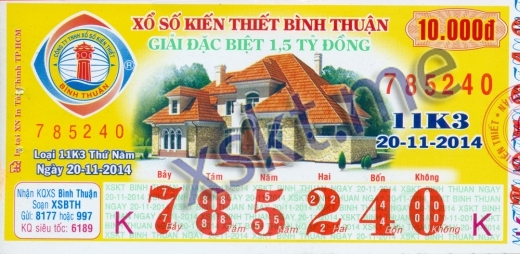 Mẫu vé sô xổ số Bình Thuận ngày 20/11/2014