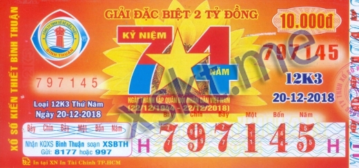 Mẫu vé sô xổ số Bình Thuận ngày 20/12/2018