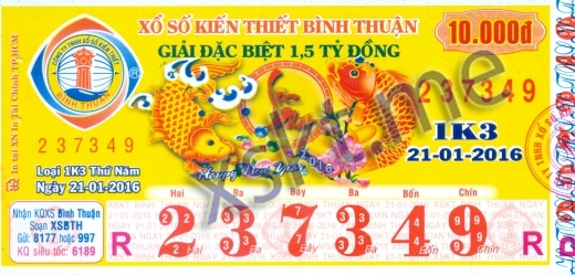 Mẫu vé sô xổ số Bình Thuận ngày 21/1/2016