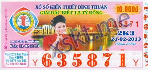 Mẫu vé sô xổ số Bình Thuận ngày 21/2/2013