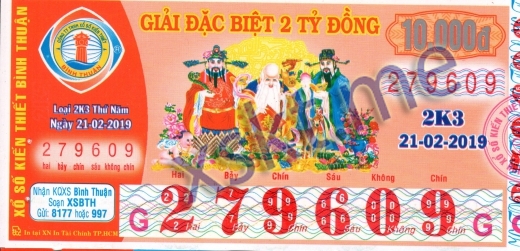 Mẫu vé sô xổ số Bình Thuận ngày 21/2/2019