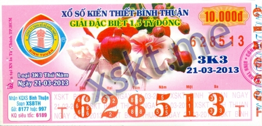 Mẫu vé sô xổ số Bình Thuận ngày 21/3/2013
