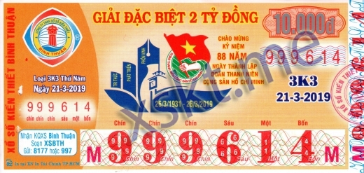 Mẫu vé sô xổ số Bình Thuận ngày 21/3/2019