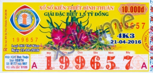 Mẫu vé sô xổ số Bình Thuận ngày 21/4/2016