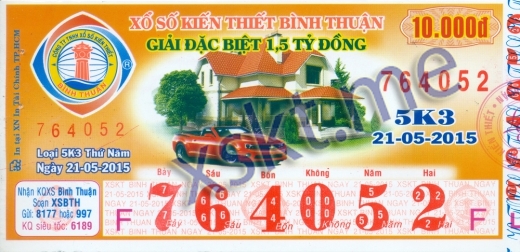 Mẫu vé sô xổ số Bình Thuận ngày 21/5/2015
